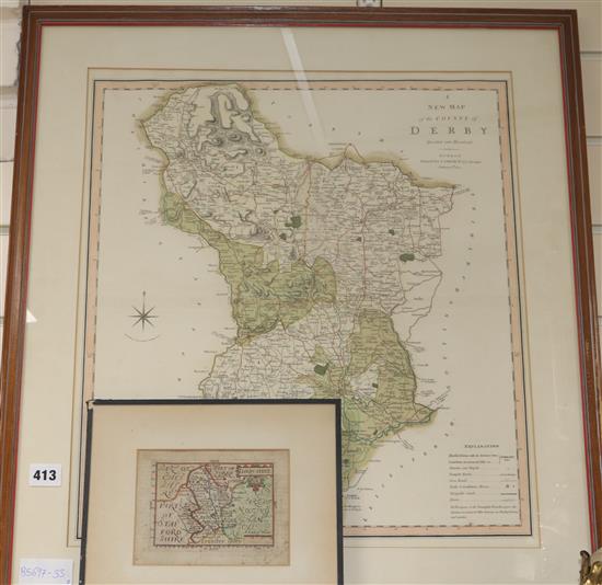 C. Smith Publ. coloured engraving, Map of the County of Derby, 1801, 51 x 46cm and an earlier Map of Darbyshire, 11 x 14cm